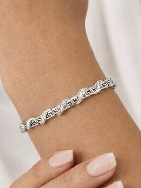 Platinum Plated Greek Key Bracelet w/ Pavé Zirconia Wrap Detail | Luxury Jewelry